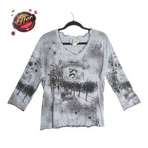 Vintage Lighthouse Apparel Cocoa Latte Coffee Top Paris Scene 3/4 Sleeve L